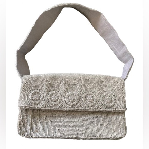 Lulu NYC Ivory Hand-Beaded Shoulder Bag Bridal Evening Purse - Picture 1 of 6